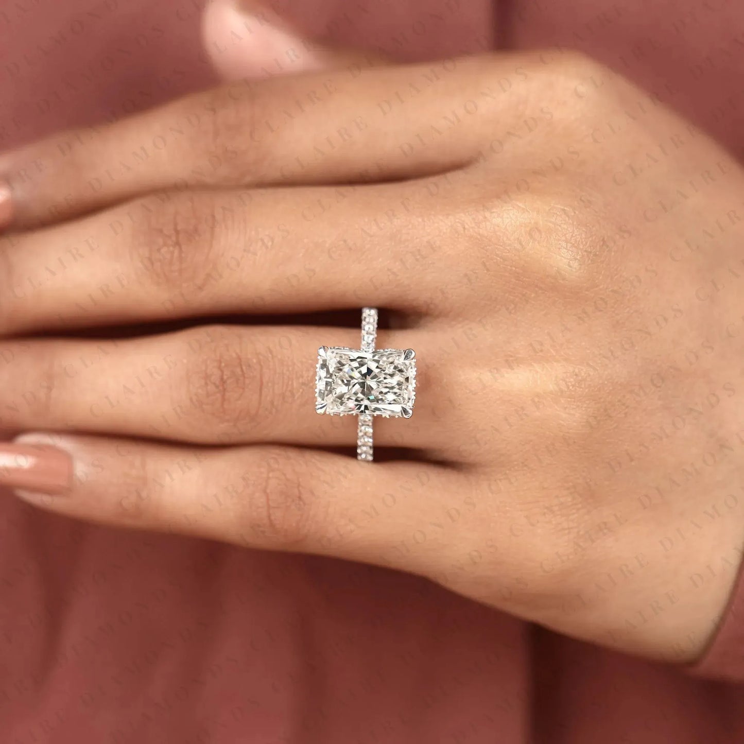 radiant cut hidden halo moissanite diamonds engagement ring with pavé band – luxurious brilliance for your forever