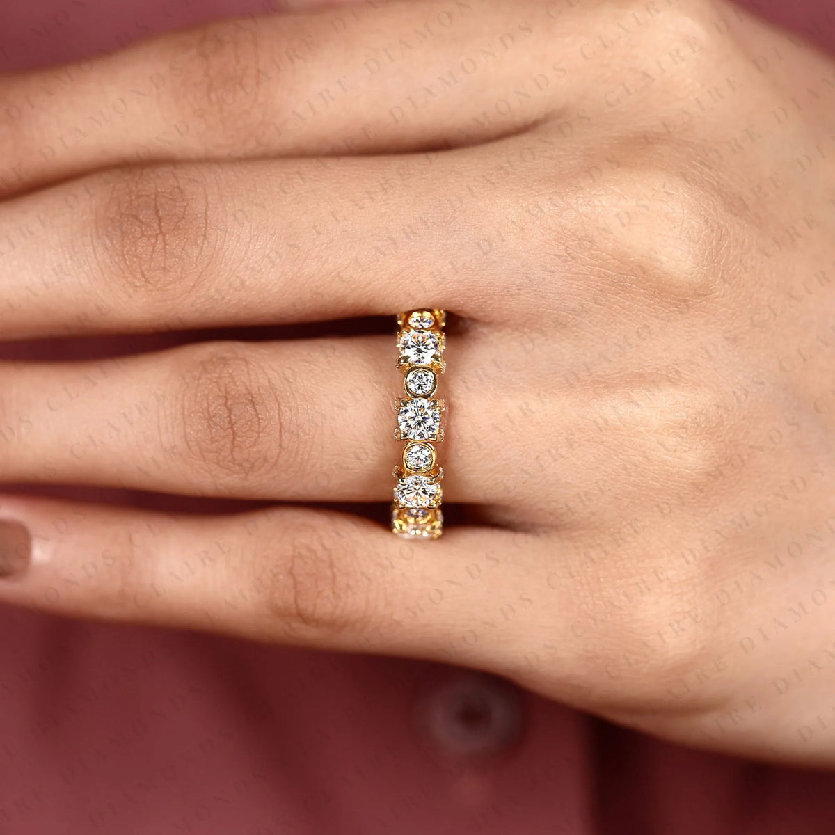 5.04 TCW Round Bezel Set Lab Grown Diamond Band Vintage Gold Eternity Wedding Band Elegant Anniversary Ring for Women
