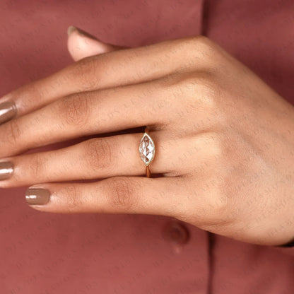 East West Marquise Rose Cut Moissanite Diamond Solitaire Ring Half Bezel Minimalist Promise Ring
