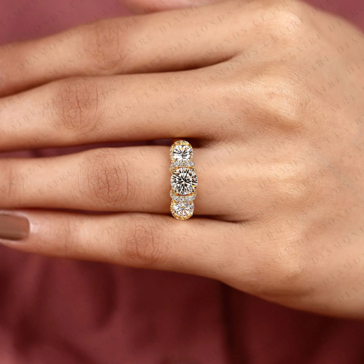 round cut moissanite diamond engagement ring three stone gold ring with diamond accents luxury wedding ring for women
