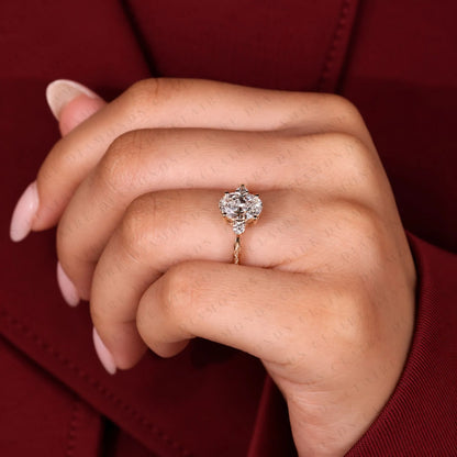 Oval Cut Lab Grown Diamond Ring Vintage Inspired Three Stone Engagement Ring with Side Diamonds Timeless Jewelry