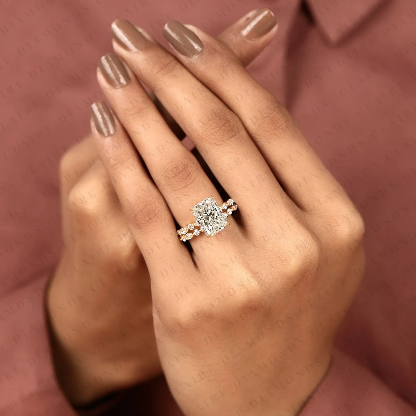 designer radiant cut moissanite bridal ring set with marquise and round diamond accents