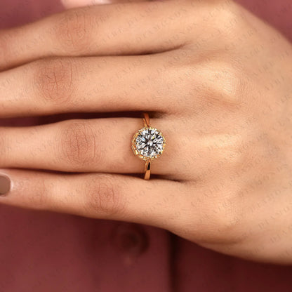 Round Cut Moissanite Diamond Engagement Ring Vintage Inspired Solitaire Bridal Ring Unique Fine Jewelry