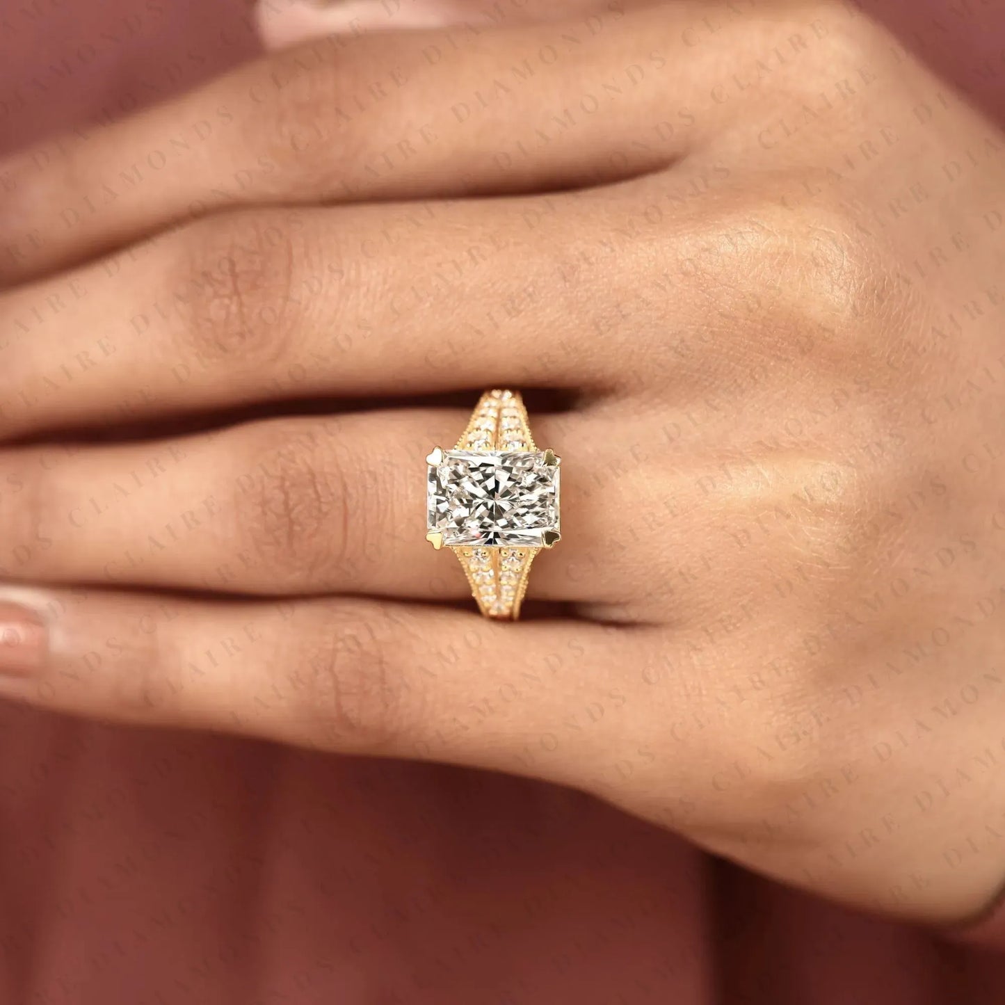 radiant cut lab grown diamond engagement ring vintage milgrain split shank pave diamond ring unique bridal ring for women