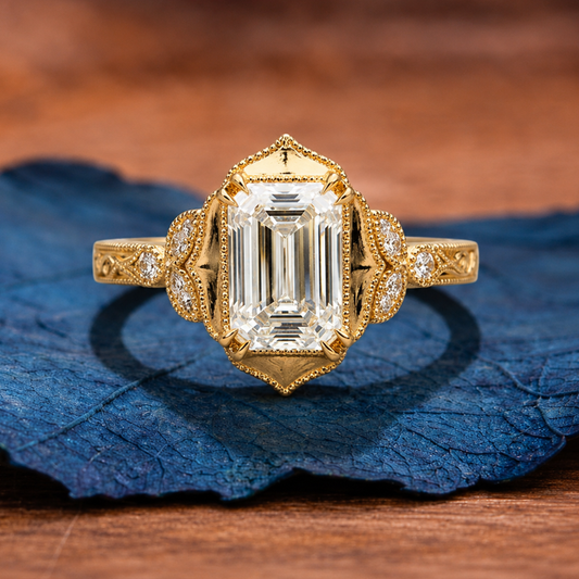 Emerald Cut Vintage Lab Grown Engagement Ring Double Claw Prong Gold Art Deco Ring Nature Inspired Wedding Ring Anniversary Ring