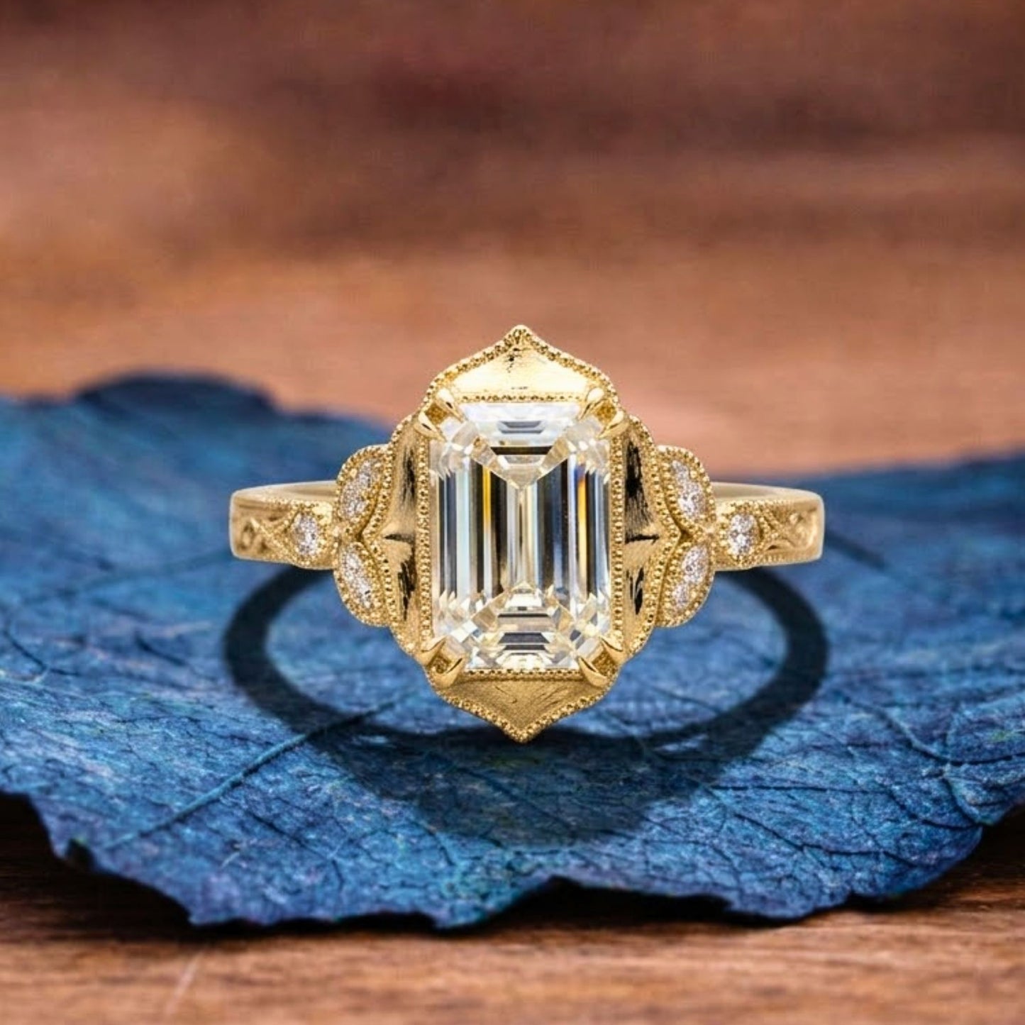 emerald cut vintage lab grown engagement ring double claw prong gold art deco ring nature inspired wedding ring anniversary ring