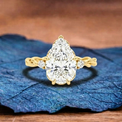 Pear Cut Moissanite Diamond Ring Three Stone Tulip Set Twisted Band Ring