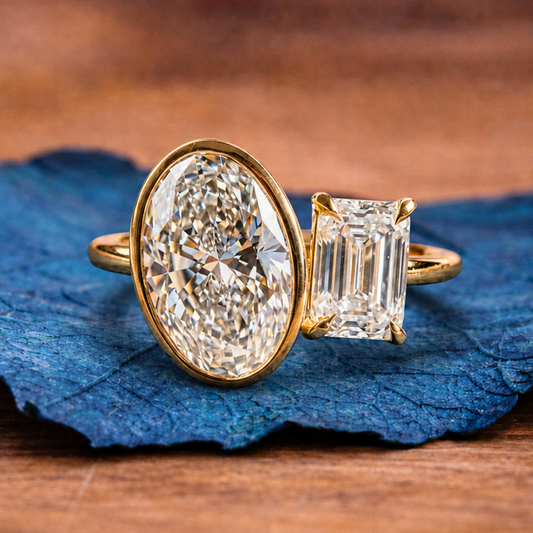 3.50 TCW Bezel Set Oval And Emerald Cut Toi Et Moi Engagement Rings Two Stone Lab Grown Ring Wedding Ring Double Stone Ring