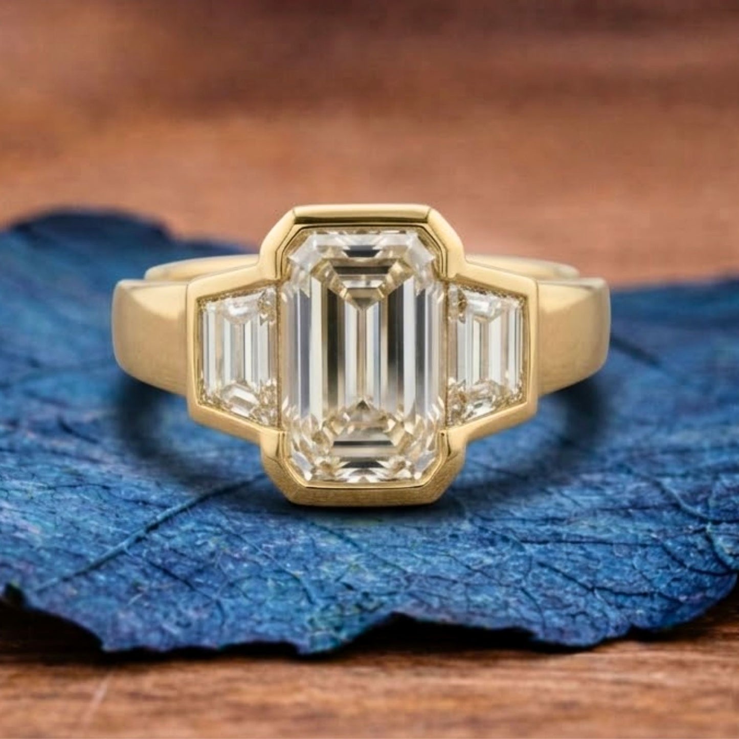 bezel set emerald cut engagement ring three stone emerald moissanite ring wedding ring past present future anniversary ring