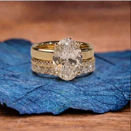 Oval Cut Lab Grown Engagement Ring Set Solitaire Ring With Two Matching Band Set Bridal Set Wedding Ring Set Anniversary Set