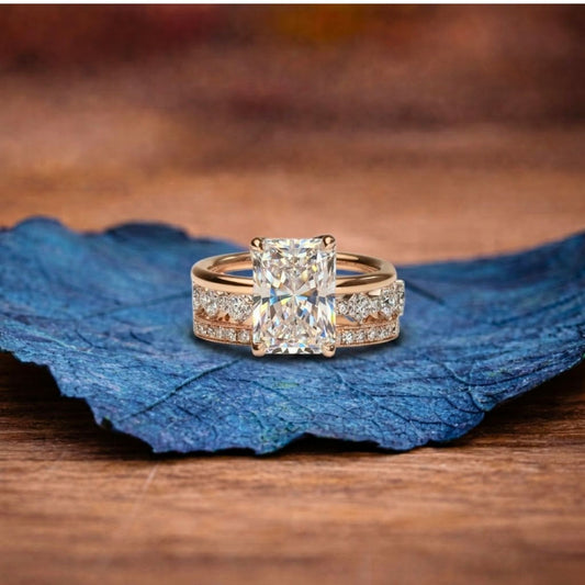 Radiant Cut Lab Grown Engagement Ring Set Solitaire Ring With Two Matching Band Set Bridal Set Wedding Set Anniversary Set.
