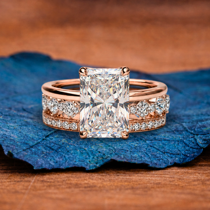Radiant Cut Lab Grown Engagement Ring Set Solitaire Ring With Two Matching Band Set Bridal Set Wedding Set Anniversary Set.