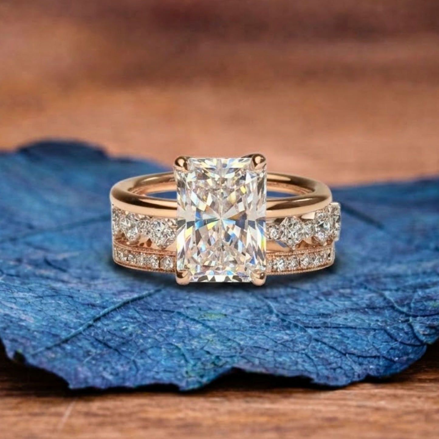 radiant cut moissanite engagement ring set solitaire ring with two matching band set bridal set wedding set anniversary set.