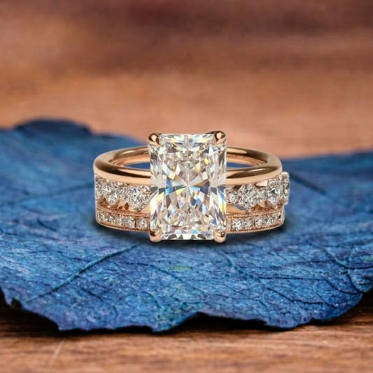 Radiant Cut Lab Grown Engagement Ring Set Solitaire Ring With Two Matching Band Set Bridal Set Wedding Set Anniversary Set.