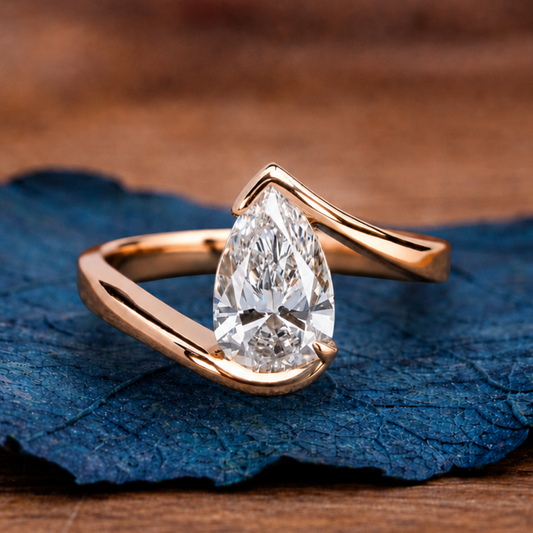 Bypass Pear Moissanite Engagement Ring Half Bezel Gold  Anniversary Ring