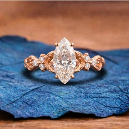 Marquise Cut Lab Grown Engagement Ring Art deco Solid Gold Wedding Ring