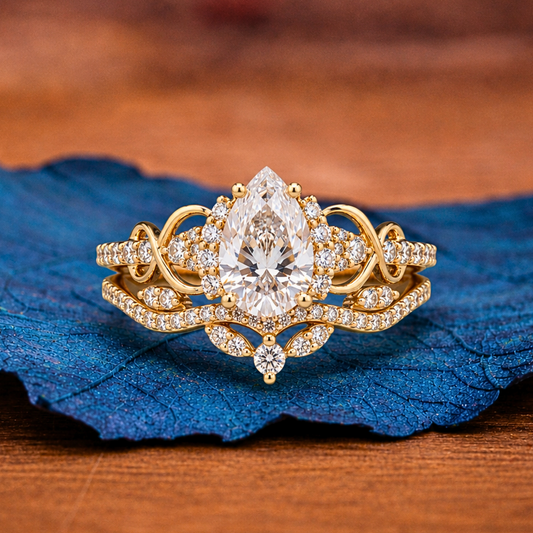 Pear Cut Moissanite Engagement Ring Set Solid Gold Bridal Set
