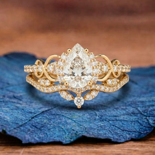 Pear Cut Moissanite Engagement Ring Set Solid Gold Bridal Set