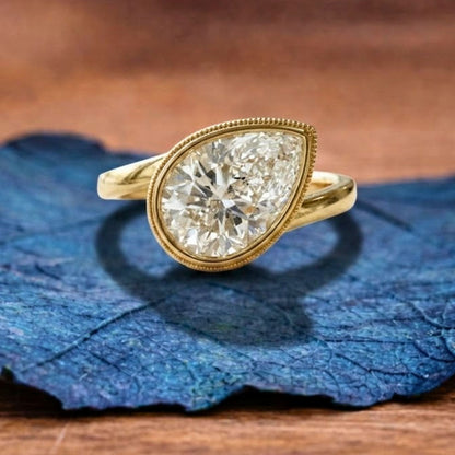 Bezel Set Pear Lab Grown Engagement Ring East West Wedding Ring