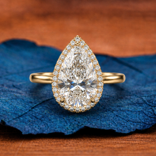 Halo Set Pear Lab Grown Engagement Ring bridal Gold Wedding Ring