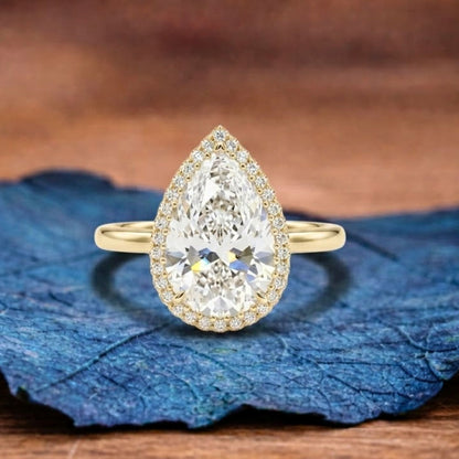 Halo Set Pear Lab Grown Engagement Ring bridal Gold Wedding Ring