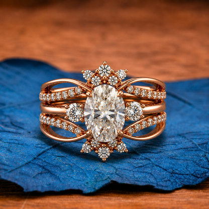 Oval Lab Grown Engagement Ring Set Bridal Gold Wedding Ring Set