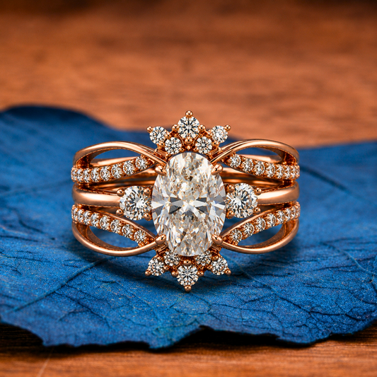Oval Moissanite Engagement Ring Set Bridal Gold Wedding Ring Set