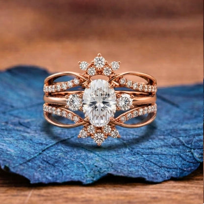 Oval Moissanite Engagement Ring Set Bridal Gold Wedding Ring Set