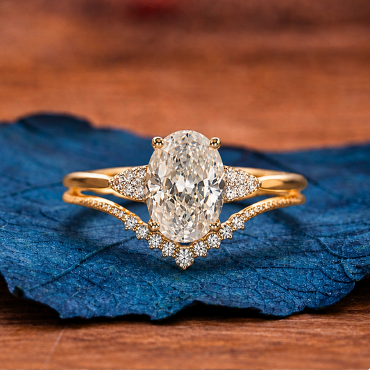 Oval Moissanite Bridal Engagement Ring Set Vintage Inspired Wedding Ring Set