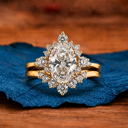 Oval Cut Lab Grown Engagement Ring Set Gold Bridal Wedding Ring Set