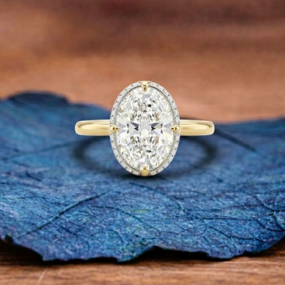 Oval Cut Moissanite Engagement Ring Hidden Halo Gold Solitaire Ring