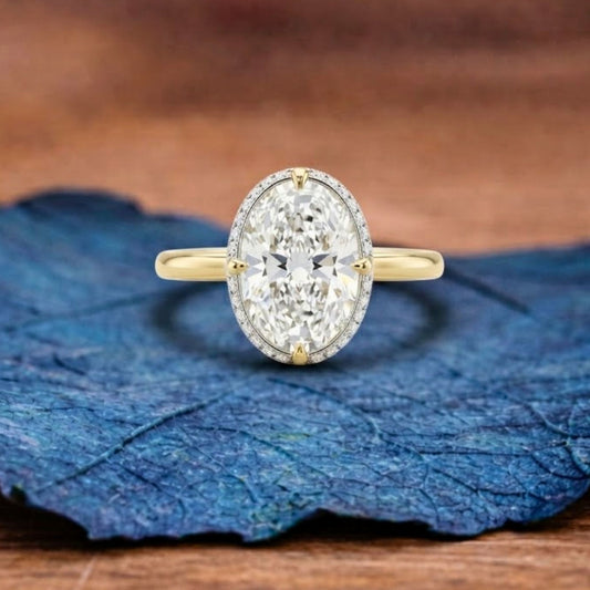Oval Cut Lab Grown Engagement Ring Hidden Halo Gold Solitaire Ring