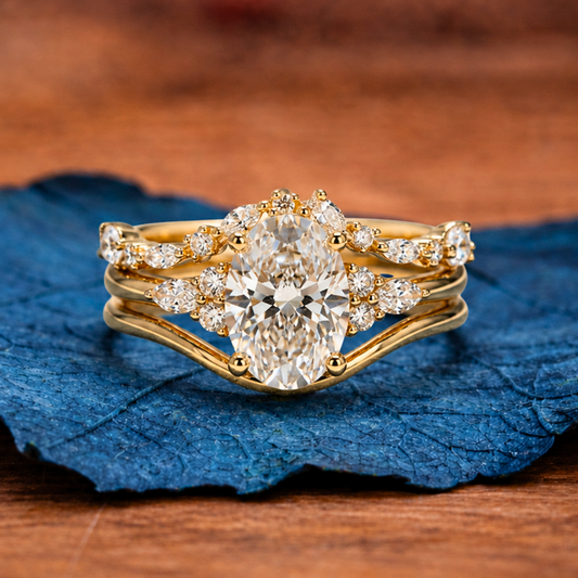 Nature Inspired Oval Moissanite Engagement Ring Set Gold Bridal Wedding Ring Set