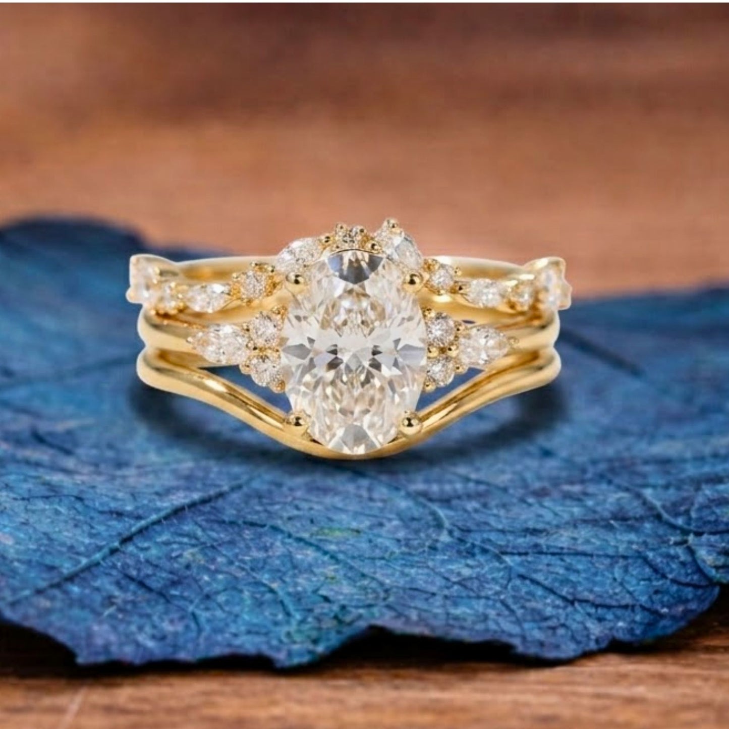 oval lab grown engagement ring set gold bridal wedding ring set