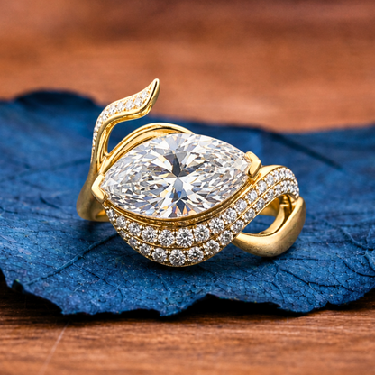 Marquise Lab Grown Bridal Engagement Ring Nature Inspired Gold Wedding Ring
