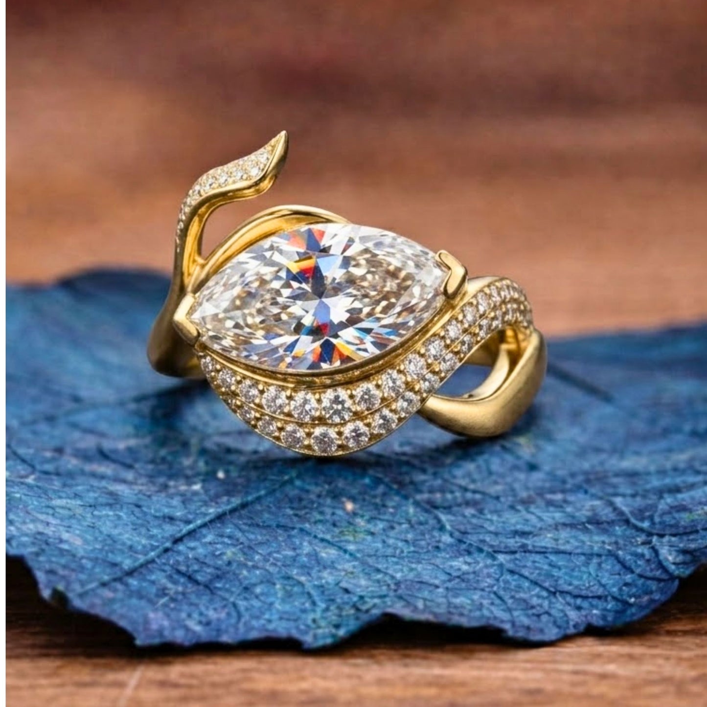 marquise lab grown bridal engagement ring nature inspired gold wedding ring