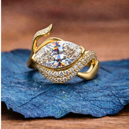 Marquise Lab Grown Bridal Engagement Ring Nature Inspired Gold Wedding Ring