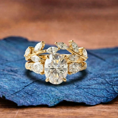 Oval Cut Floral Moissanite Engagement Ring Set Twisted Band Gold Wedding Bridal Set