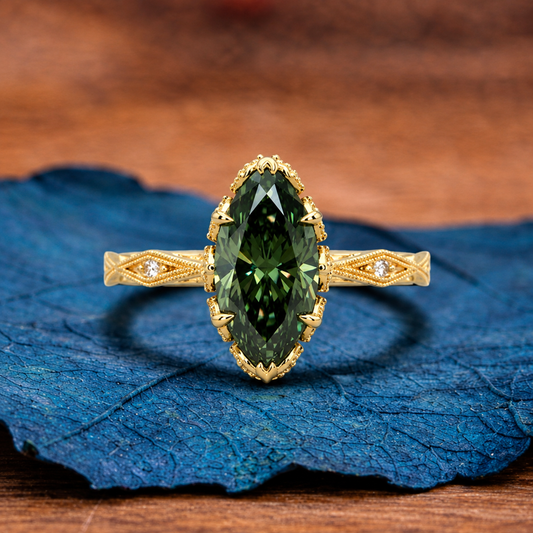 Green Marquise Lab Grown Engagement Ring Vintage Tulip Set Wedding Ring