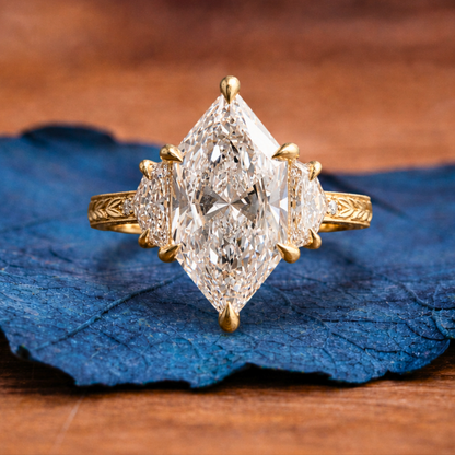 Dutch Marquise Three Stone Engraved Band Vintage Lab grown Engagement Ring