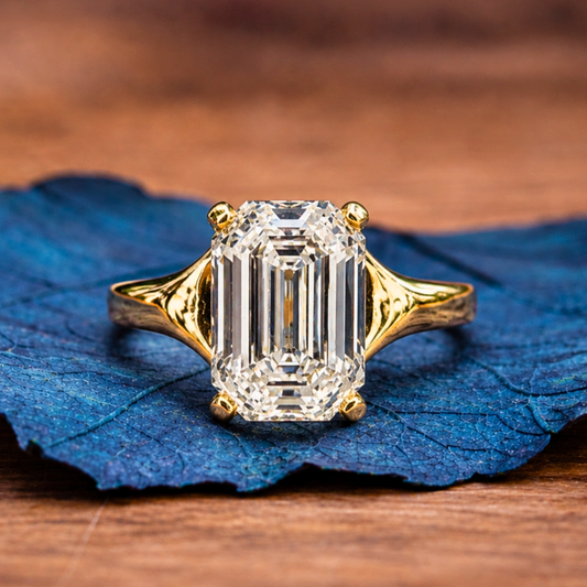 Emerald Cut Lab Grown Engagement Ring Unique Solitaire Gold Wedding Ring