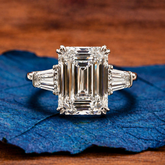 Emerald Cut Lab Grown Engagement Ring Three Stone Gold Wedding Ring