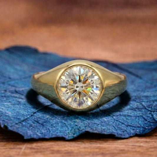 Round Bezel Set Engagement Ring Gold Moissanite Solitaire Wedding Ring