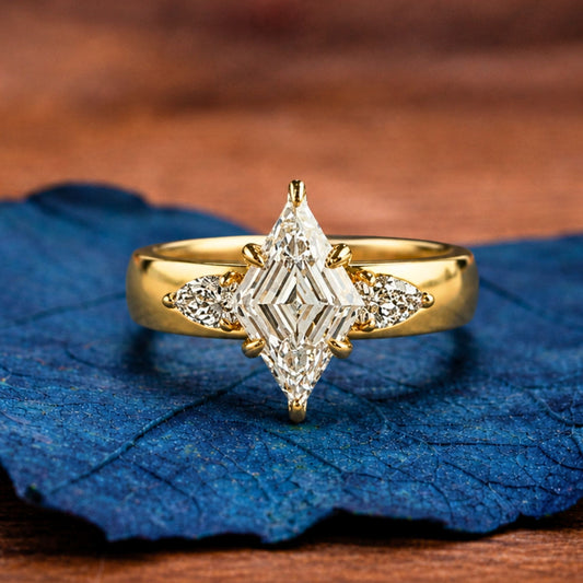 Lozenge Cut Lab Grown Engagement Three Stone Ring Tulip Set Gold Wedding Ring