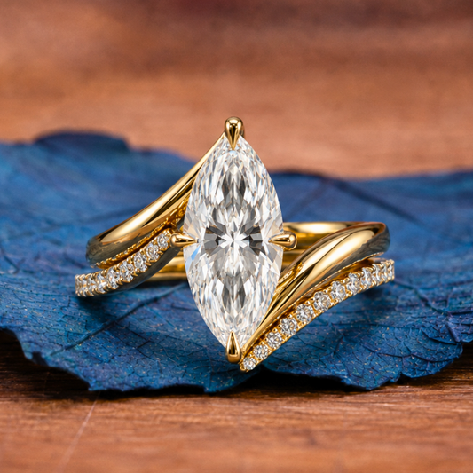 Marquise Lab Grown Engagement Ring Set Solid Gold Wedding Bridal Set