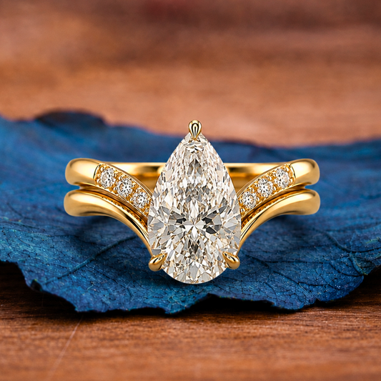 Pear Cut Lab Grown Engagement Ring Set Curve Band Gold Bridal Set
