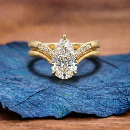Pear Cut Moissanite Engagement Ring Set Curve Band Gold Bridal Set