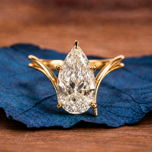 Pear Cut Lab Grown Engagement Ring Bypass Gold Wedding Ring