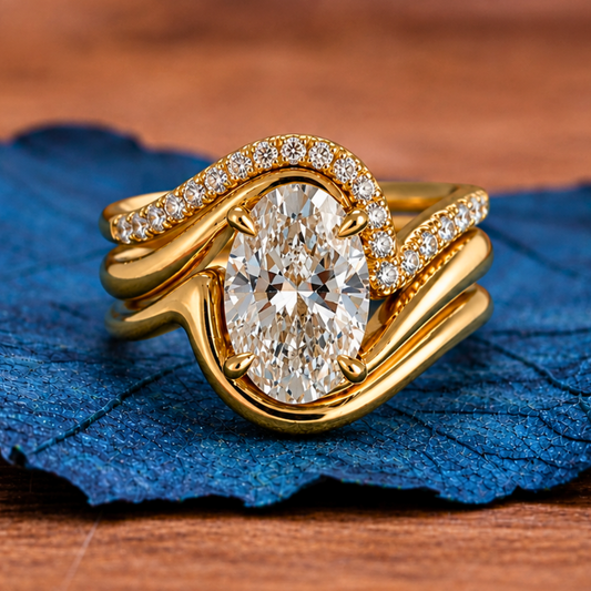 Oval Cut Moissanite Engagement Ring Set Trio Band Wedding Bridal Set