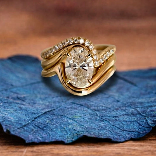Oval Cut Moissanite Engagement Ring Set Trio Band Wedding Bridal Set